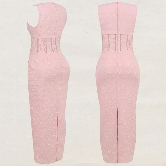 House of CB Sophina Maxi Midi Pink Dress Pockets Eyelit Scalloped Plunging Neck - Picture 3 of 3